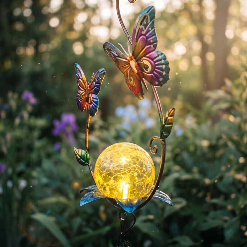 Solarbetriebenes Kolibri und Schmetterling Windspiel aus Schmiedeeisen mit Crackle-Glas, Set