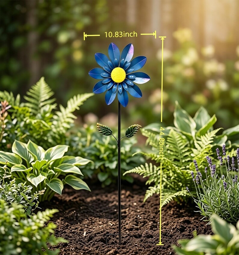Bunt geschichteter Metall Daisy Wind Spinner Einsatz, windbetriebene Eisenblumen Yard Dekoration, Cottage und Sukkulenten Gartendekor