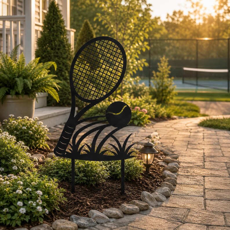Tennisschläger Gartenpfahl, schwarzes Metall, Yard Art für Blumenbeete und Rasen, Tennisdekor