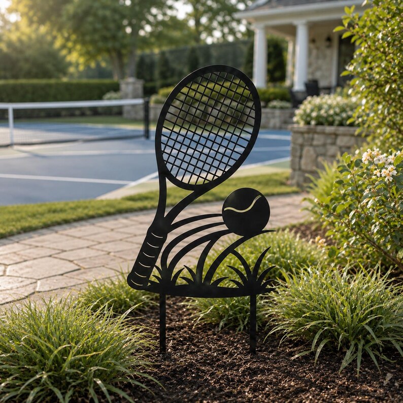 Tennisschläger Gartenpfahl, schwarzes Metall, Yard Art für Blumenbeete und Rasen, Tennisdekor