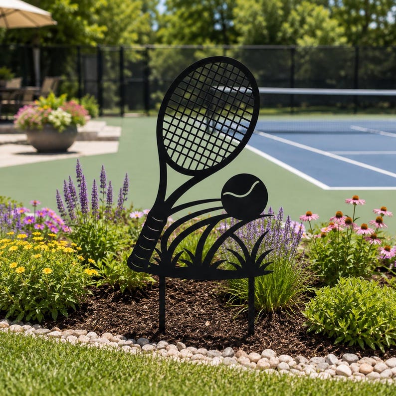 Tennisschläger Gartenpfahl, schwarzes Metall, Yard Art für Blumenbeete und Rasen, Tennisdekor