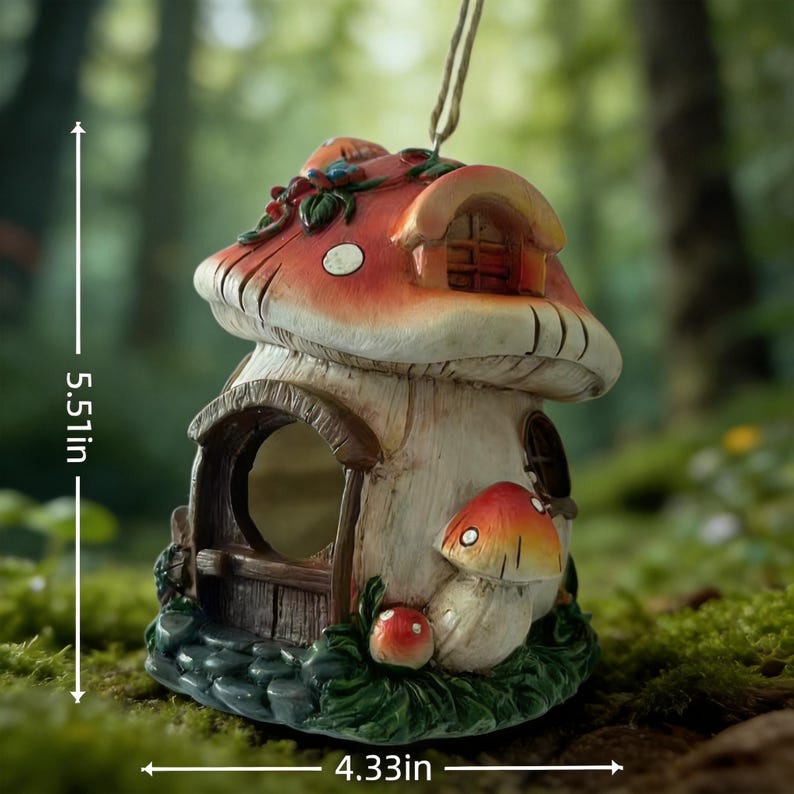 Feenvogelhaus aus Harz, Pilz-Garten-Dekor, hängendes Vogel-Nisthaus