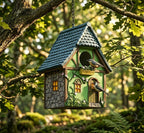 Hängendes Vogelhaus, handgemaltes Wildvogelfutterhaus aus Polyresin, Tudor Cottage Design, wetterfest für Außenbereiche