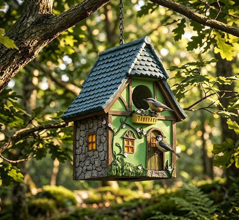 Hängendes Vogelhaus, handgemaltes Wildvogelfutterhaus aus Polyresin, Tudor Cottage Design, wetterfest für Außenbereiche
