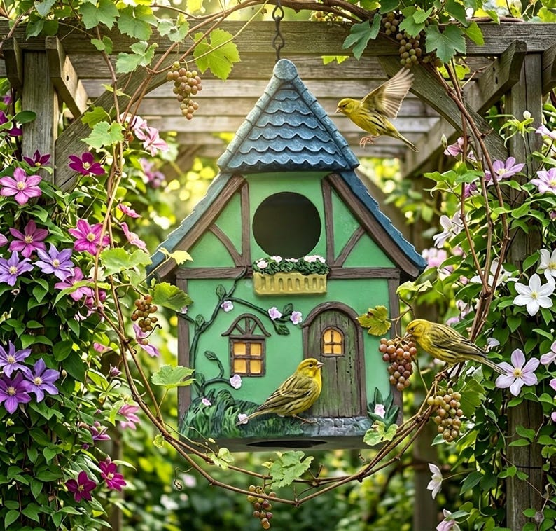 Hängendes Vogelhaus, handgemaltes Wildvogelfutterhaus aus Polyresin, Tudor Cottage Design, wetterfest für Außenbereiche