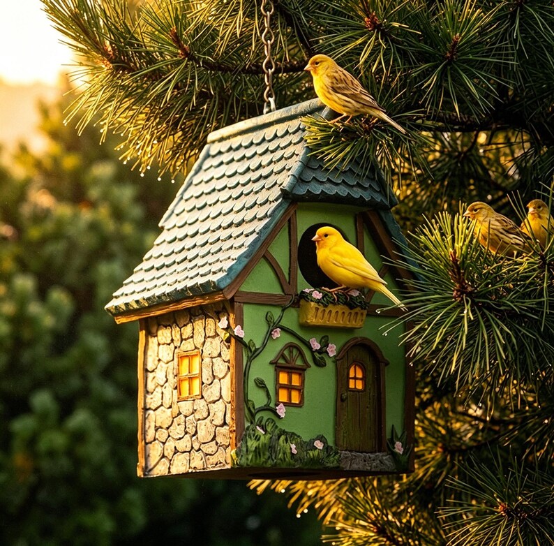 Hängendes Vogelhaus, handgemaltes Wildvogelfutterhaus aus Polyresin, Tudor Cottage Design, wetterfest für Außenbereiche
