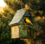 Hängendes Vogelhaus, handgemaltes Wildvogelfutterhaus aus Polyresin, Tudor Cottage Design, wetterfest für Außenbereiche