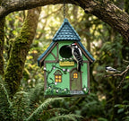 Hängendes Vogelhaus, handgemaltes Wildvogelfutterhaus aus Polyresin, Tudor Cottage Design, wetterfest für Außenbereiche