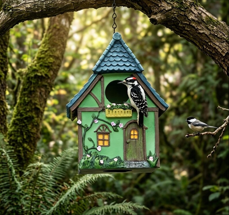 Hängendes Vogelhaus, handgemaltes Wildvogelfutterhaus aus Polyresin, Tudor Cottage Design, wetterfest für Außenbereiche
