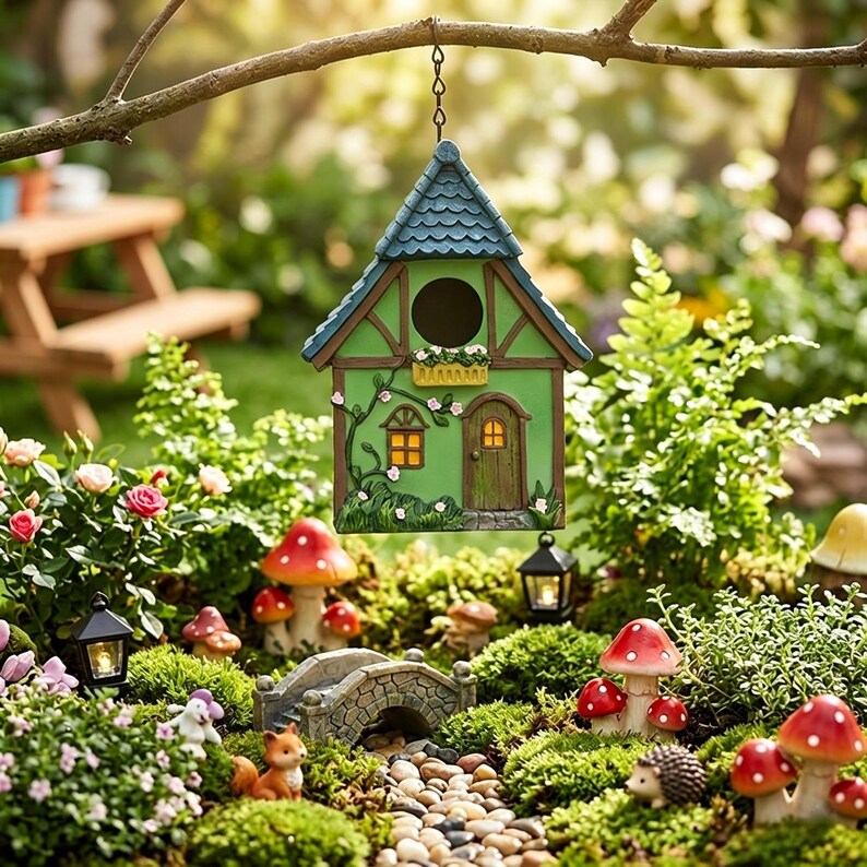 Hängendes Vogelhaus, handgemaltes Wildvogelfutterhaus aus Polyresin, Tudor Cottage Design, wetterfest für Außenbereiche