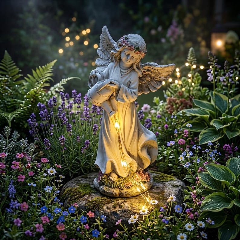 Solar Engel Gartenstatue mit Gießkanne Licht, Harz Outdoor Skulptur, Fee Garten Dekor