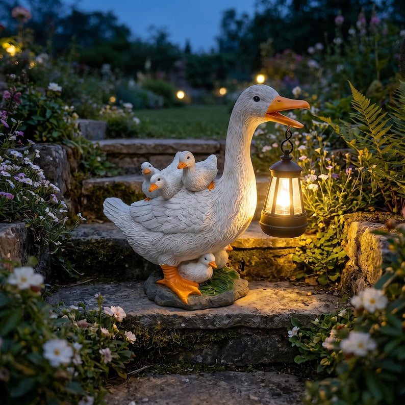 Solarbetriebene Enten-Solarlaternen-Statue, Mutter Ente mit Küken, wasserdichter Gartendekor mit Hängelicht, 22 cm