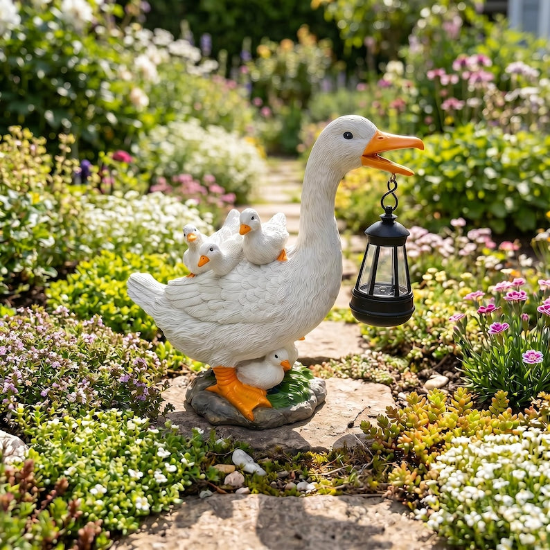 Solarbetriebene Enten-Solarlaternen-Statue, Mutter Ente mit Küken, wasserdichter Gartendekor mit Hängelicht, 22 cm