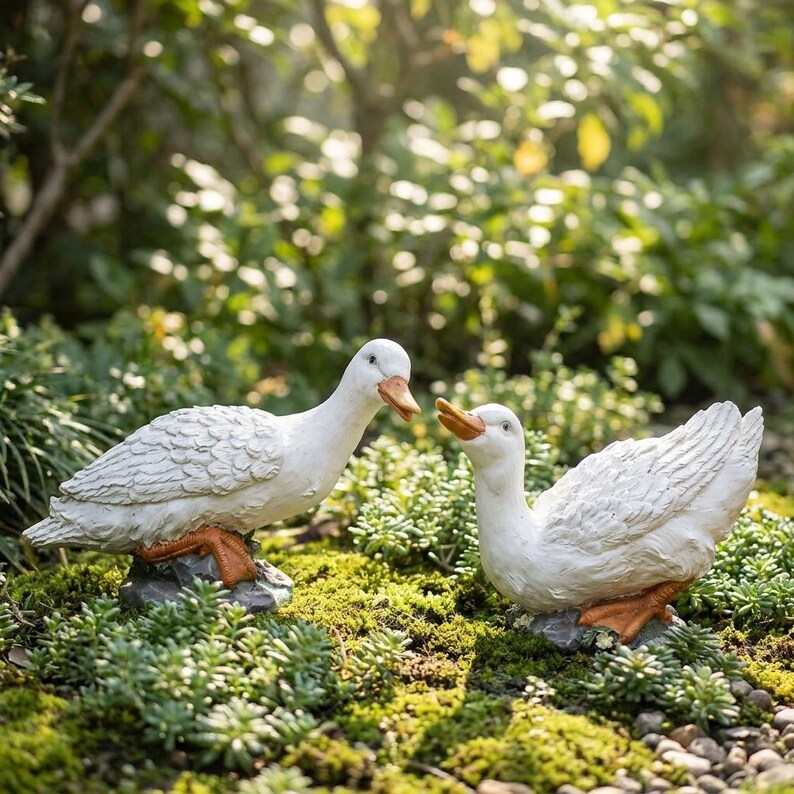 Weiße Entenstatuen Set Minimalist Bauernhaus Garten Dekor Großes Harz Entenpaar Outdoor Tierfiguren Veranda Eingang Akzente