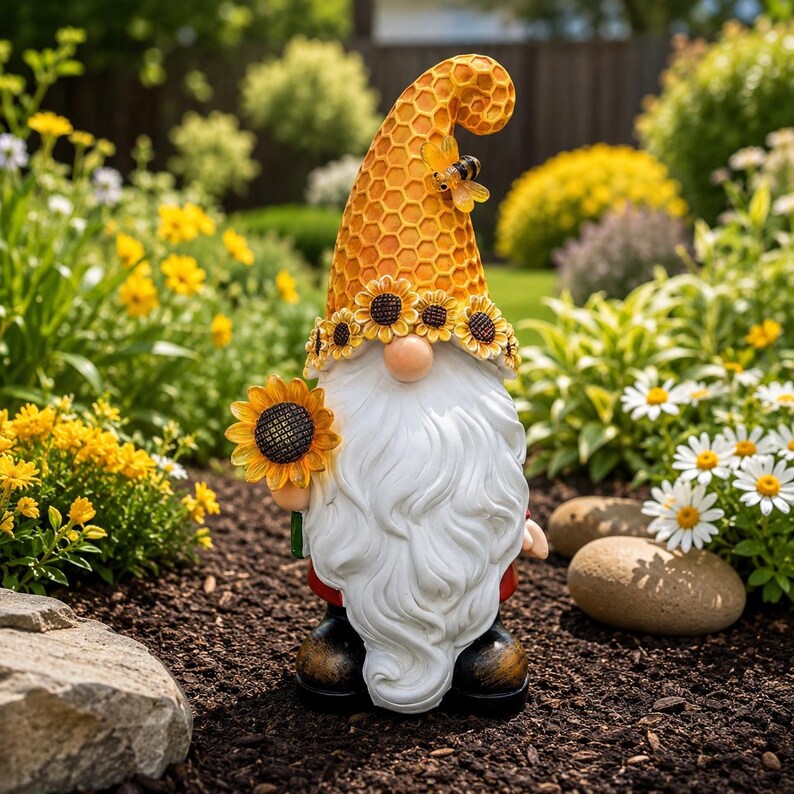 Solar Sonnenblume Gnome Gartenstatue mit LED Bienenlicht, Outdoor Yard Dekoration, 27,69 cm