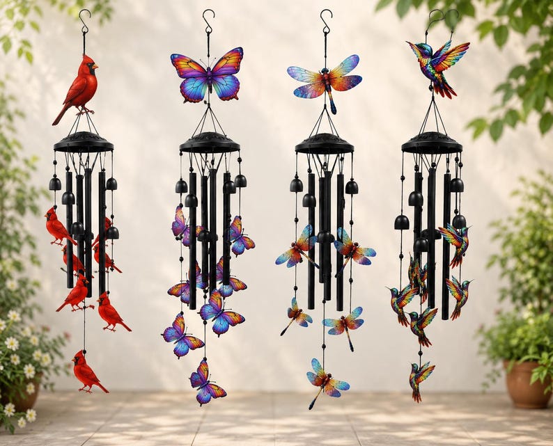 Garten Windspiel Schmetterling Kolibri Kardinal Libelle, Aluminium Klangspiel, 90-99 cm