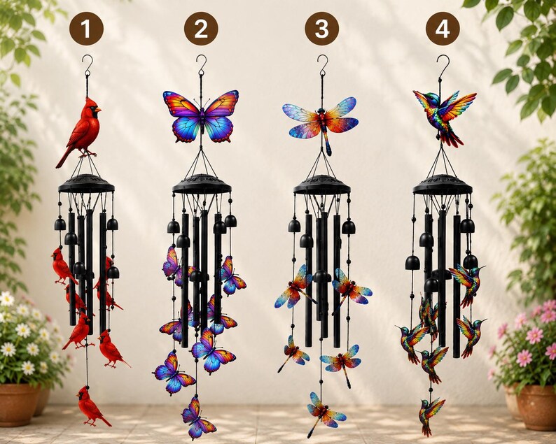 Garten Windspiel Schmetterling Kolibri Kardinal Libelle, Aluminium Klangspiel, 90-99 cm