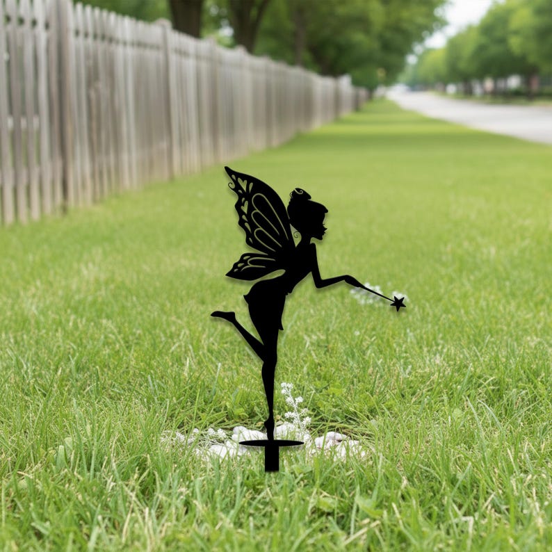 Fairy Silhouette Metal Garden Fence Topper, Magical Yard Stake with Wand, Outdoor Lawn & Flower Bed Decor