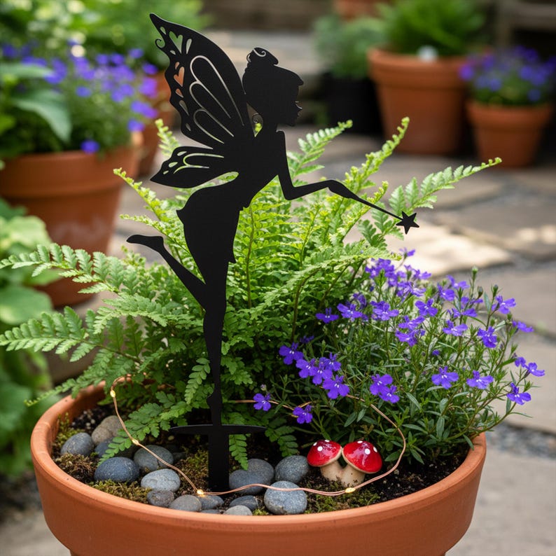 Fairy Silhouette Metal Garden Fence Topper, Magical Yard Stake with Wand, Outdoor Lawn & Flower Bed Decor