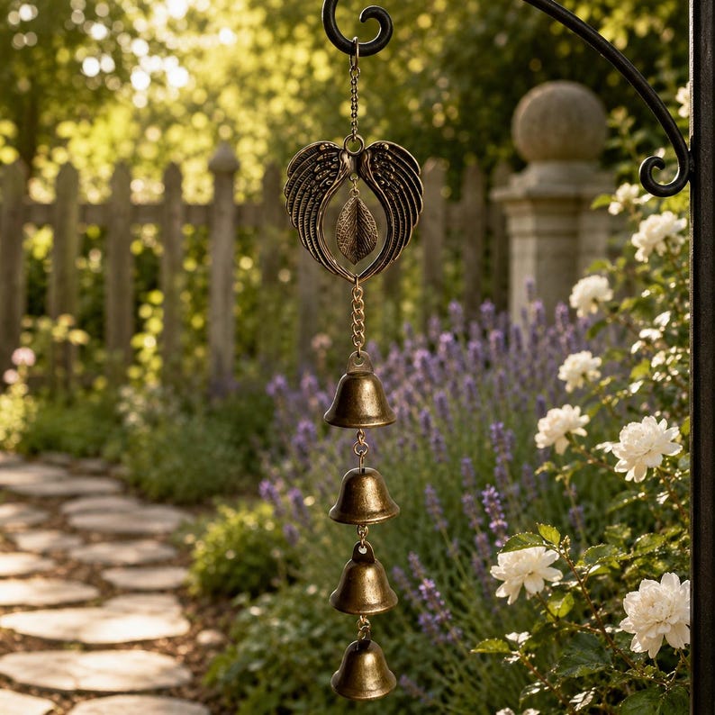 Vintage Bronze Flügel Glocke Windspiel Hängen Dekor, rustikale Metall Garten Glocke Ornament, Boho Porch Balkon Outdoor Geschenk