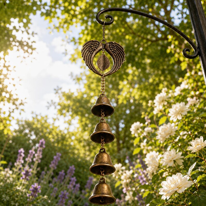 Vintage Bronze Flügel Glocke Windspiel Hängen Dekor, rustikale Metall Garten Glocke Ornament, Boho Porch Balkon Outdoor Geschenk