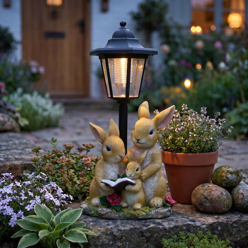 Kaninchen-Solarlaternen-Statue, Häschenfamilie mit LED-Licht, wasserdichtes Gartendekor, 33 cm