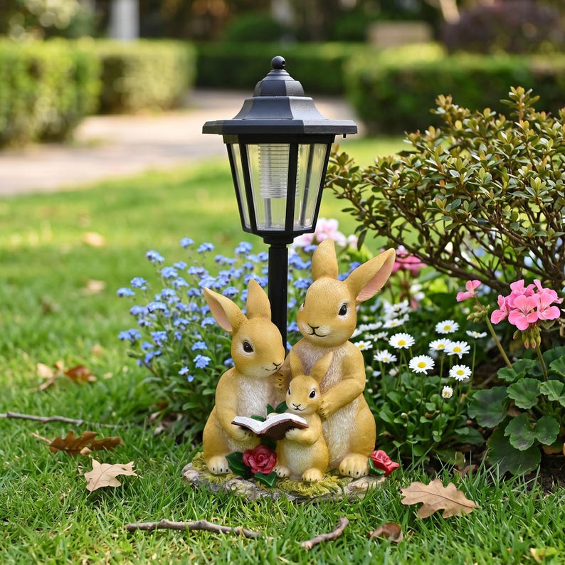Kaninchen-Solarlaternen-Statue, Häschenfamilie mit LED-Licht, wasserdichtes Gartendekor, 33 cm