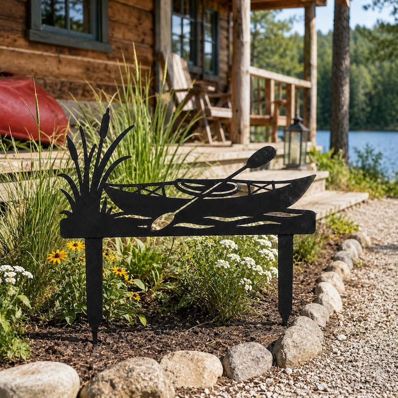 Black Metal Kayak Garden Stake, Lakeside Lawn Decor with Paddle and Cattails
