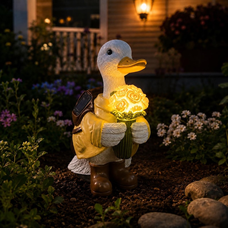 Solar Duck Garden Statue mit LED Rosenstrauß, Outdoor Yard Decor