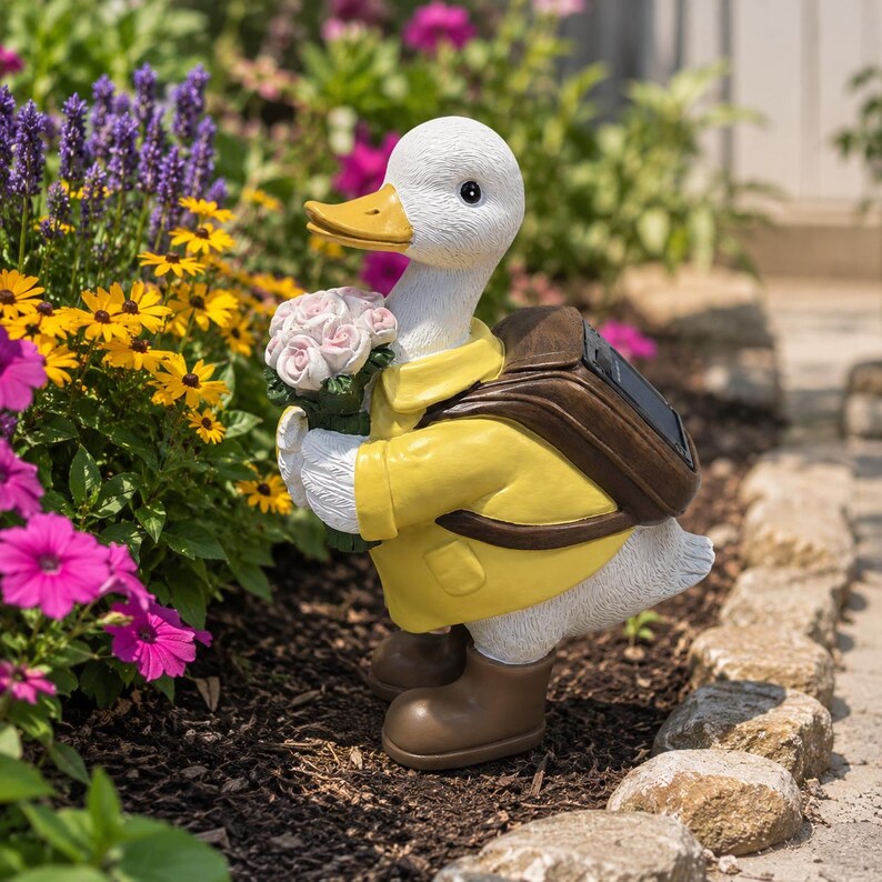 Solar Duck Garden Statue mit LED Rosenstrauß, Outdoor Yard Decor