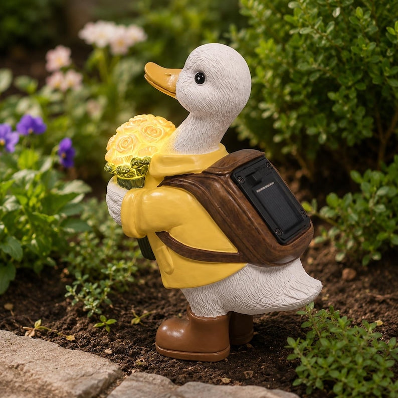 Solar Duck Garden Statue mit LED Rosenstrauß, Outdoor Yard Decor
