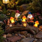 Solar Powered Garden Gnome Log Bridge Statue with LED Mushroom Lights, 9.6 in x 6.2 in, Resin, for Outdoor Yard Decor