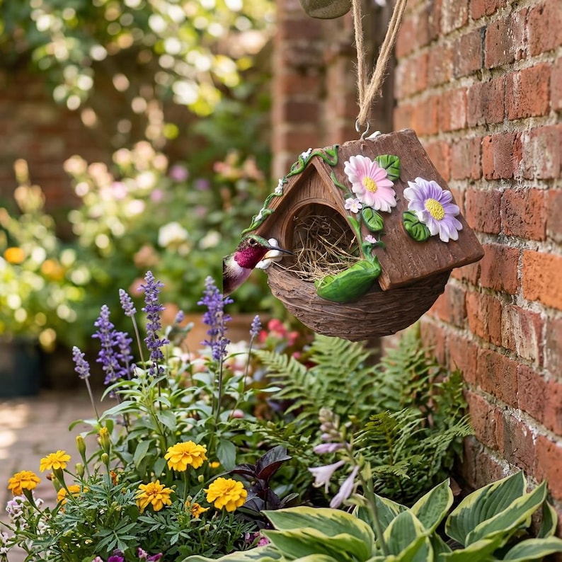 Harz-Vogelhaus mit Blumenverzierungen, hängendes Gartenvogelhaus, Außendekoration 12,6 cm