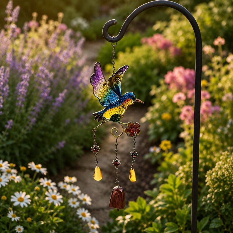 Kolibri-Windspiel, handbemaltes Glas, Kupferglocke, Gartendekoration, 44 cm