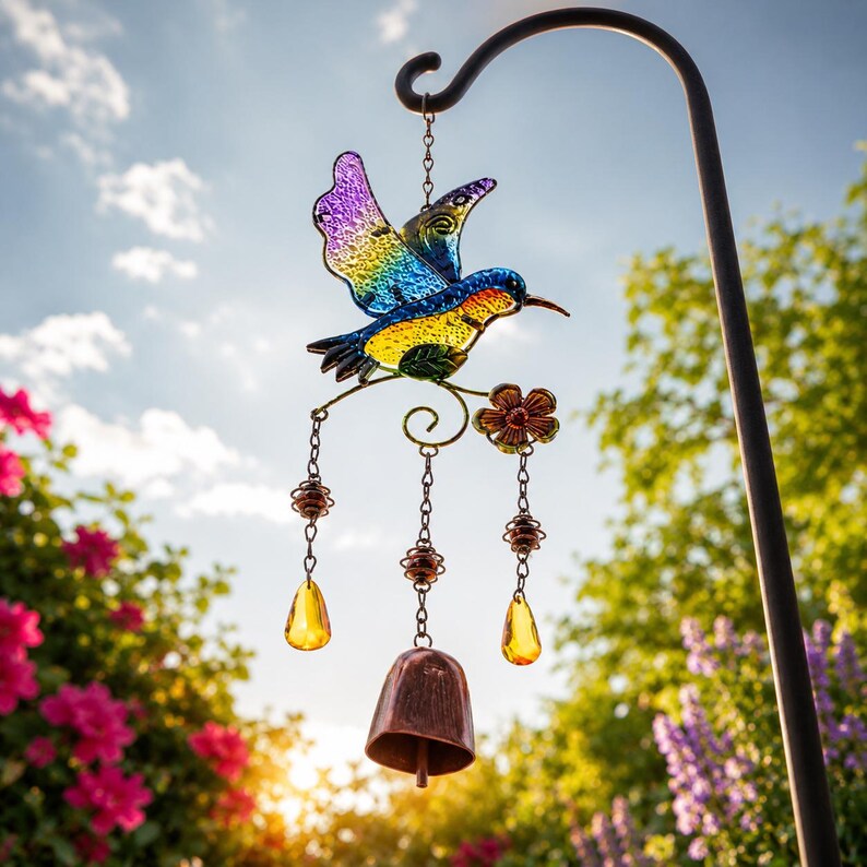 Kolibri-Windspiel, handbemaltes Glas, Kupferglocke, Gartendekoration, 44 cm