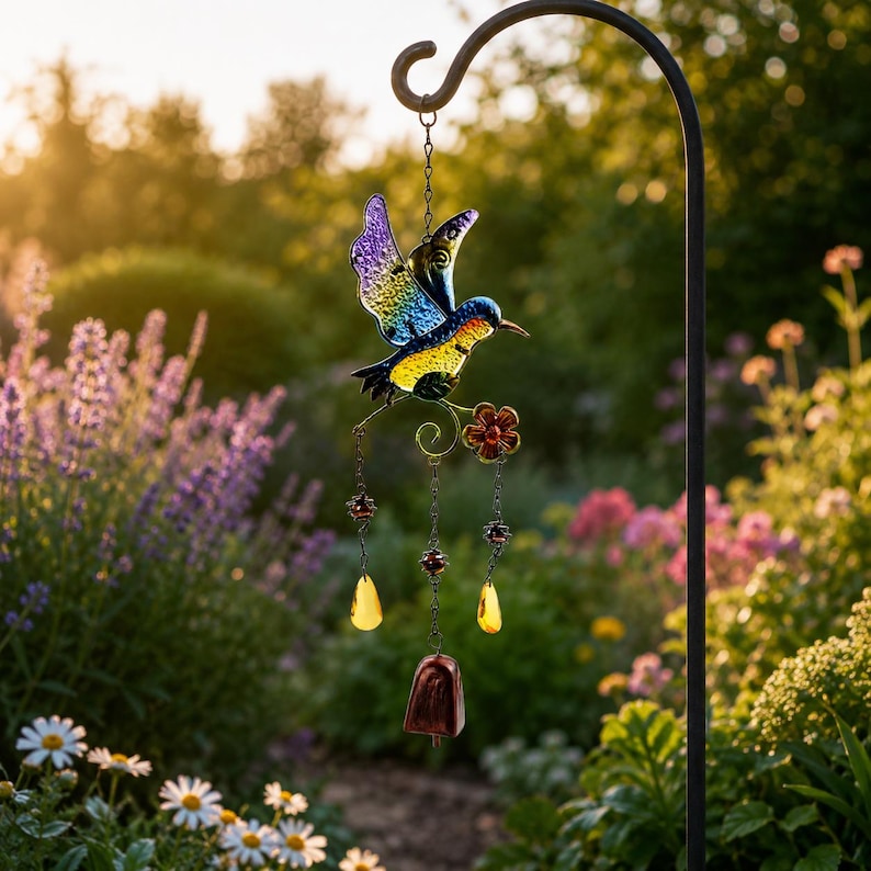 Kolibri-Windspiel, handbemaltes Glas, Kupferglocke, Gartendekoration, 44 cm