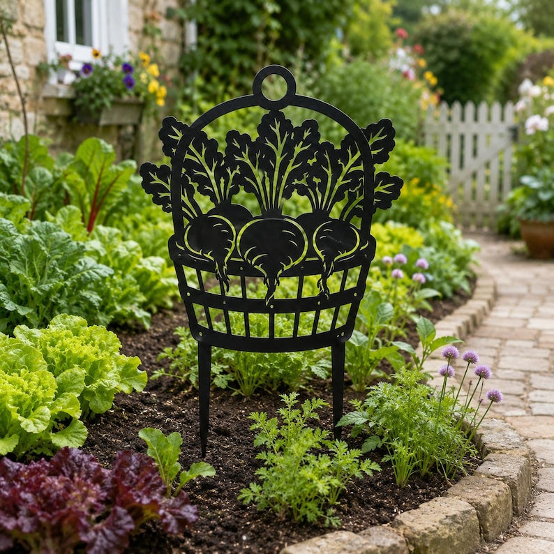 Rübenkorb Gartenstecker, schwarzes Silhouette-Design, Metall, für Gemüsegarten, Blumenbeet, Gartendekor