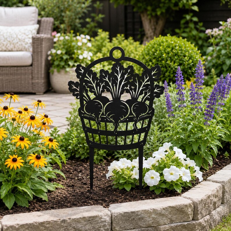 Rübenkorb Gartenstecker, schwarzes Silhouette-Design, Metall, für Gemüsegarten, Blumenbeet, Gartendekor