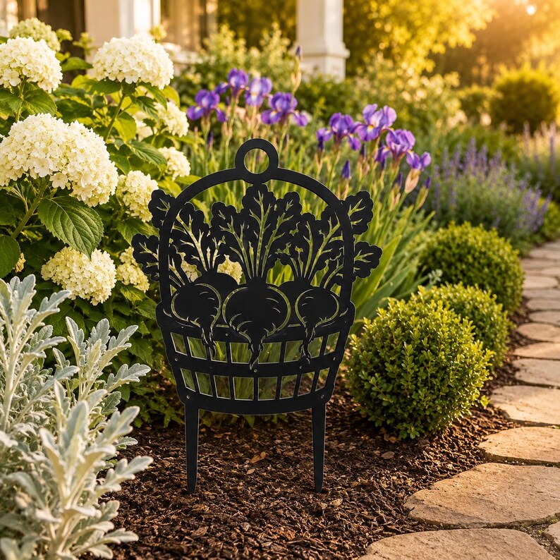 Rübenkorb Gartenstecker, schwarzes Silhouette-Design, Metall, für Gemüsegarten, Blumenbeet, Gartendekor