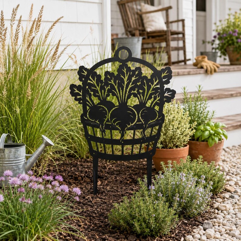 Rübenkorb Gartenstecker, schwarzes Silhouette-Design, Metall, für Gemüsegarten, Blumenbeet, Gartendekor