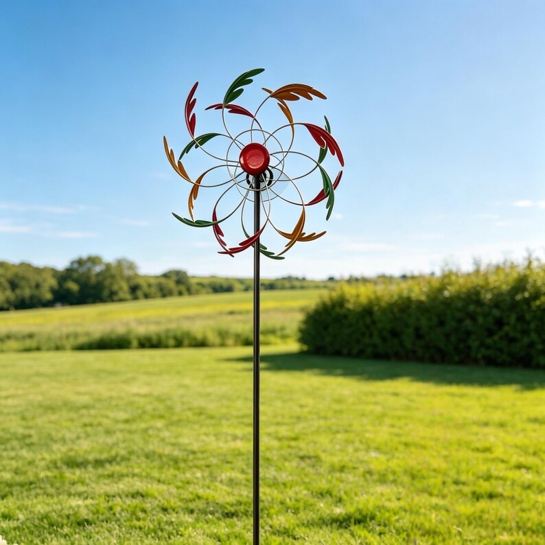 3-Ton Feder Windmühle, Dual Rotating Multicolor Leaf Kinetic Wind Spinner, wetterfeste große Outdoor-Garten-Kunst