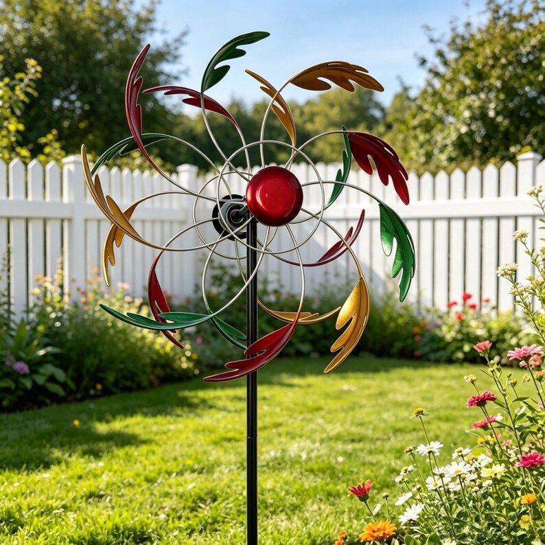 3-Ton Feder Windmühle, Dual Rotating Multicolor Leaf Kinetic Wind Spinner, wetterfeste große Outdoor-Garten-Kunst