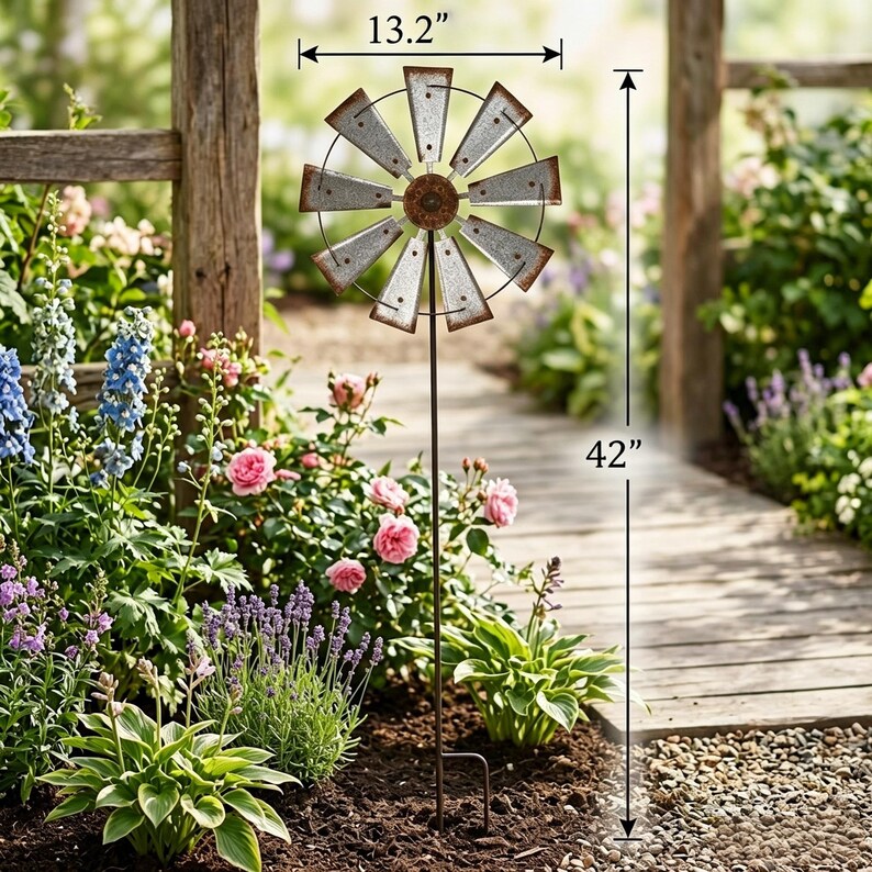 Schmiedeeisen Wind Spinner, rotierender Metall Windmühlenpfahl, wetterfeste Kunst Verzierung für Garten, 42x13,2 Zoll