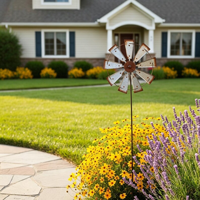 Schmiedeeisen Wind Spinner, rotierender Metall Windmühlenpfahl, wetterfeste Kunst Verzierung für Garten, 42x13,2 Zoll