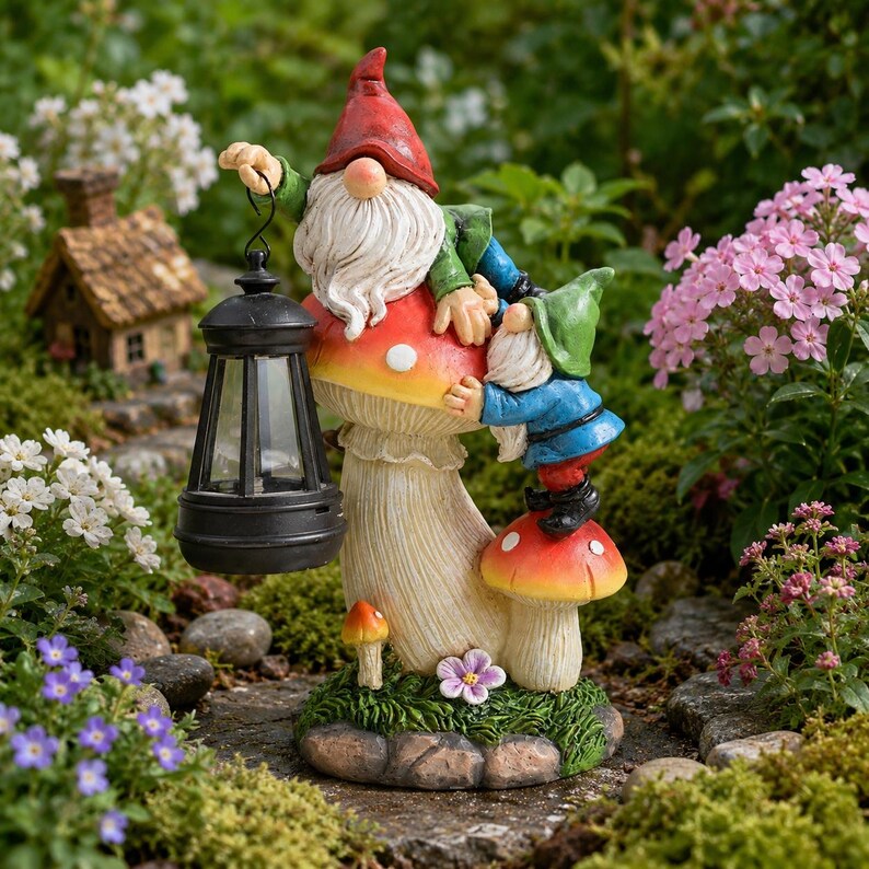 Solar Zwerg Pilz Laterne Statue für Garten, 27,5 cm, Kunstharz, Außendekoration