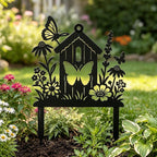 Metall Gartenstecker Vogelhaus mit Schmetterlingen und Wildblumen, Cottage Garden Dekoration, Frühlingsgarten Outdoor Kunst