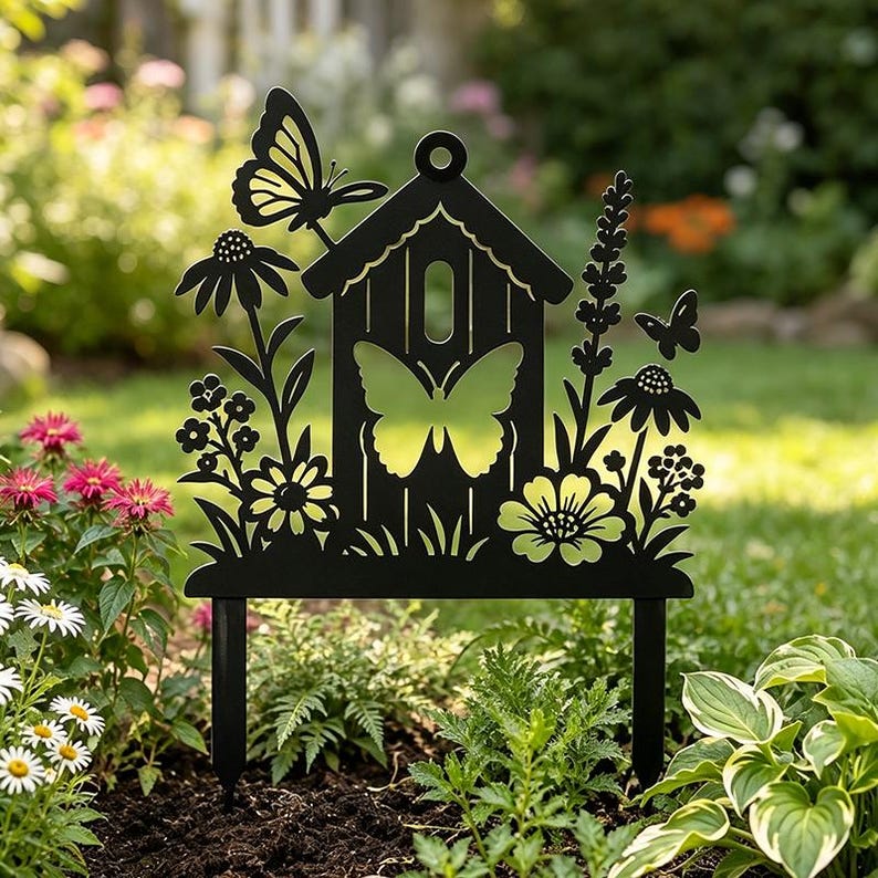 Metall Gartenstecker Vogelhaus mit Schmetterlingen und Wildblumen, Cottage Garden Dekoration, Frühlingsgarten Outdoor Kunst