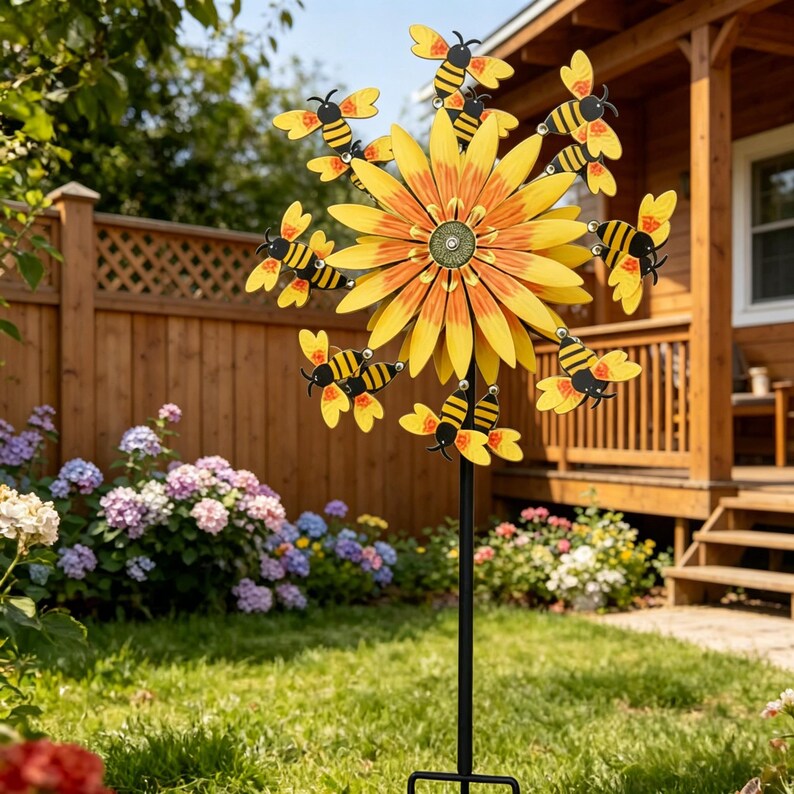Sunflower Bee Metal Wind Spinner 31 inch Yellow Floral Outdoor Yard Art Garden Decoration