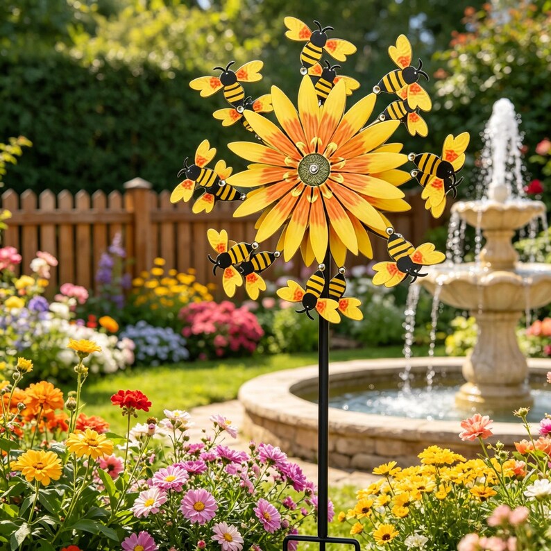 Sunflower Bee Metal Wind Spinner 31 inch Yellow Floral Outdoor Yard Art Garden Decoration