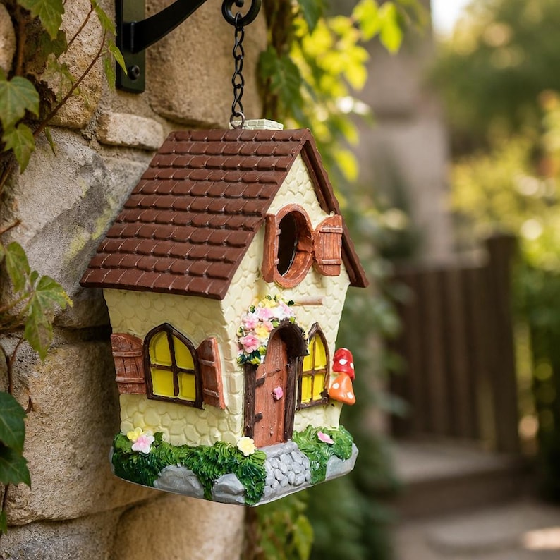 Handbemaltes Pilzhaus-Vogelhaus – Witterungsbeständiges Gießharz, 26cm, für kleine Gartenvögel